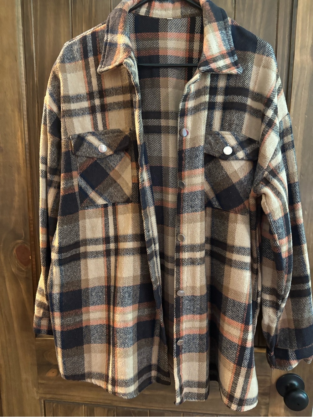 Plaid Button-Up Shacket in Tan, Navy & Cream